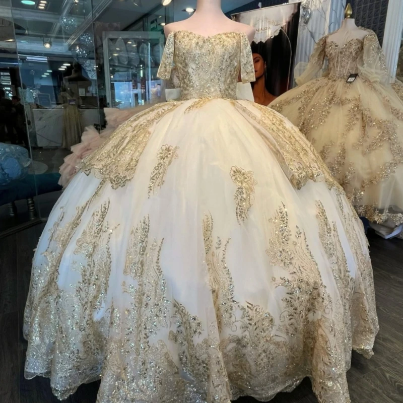 

Блестящее бальное платье цвета шампанского, платья Quinceanera с открытыми плечами, аппликация с блестками, кружевные бусины, тюлевое платье для вечеринки, дня рождения, сладкое платье 16, Ves