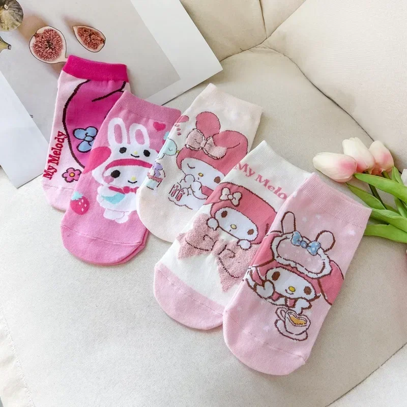 5pairs Cute Sanrio Melody Hello Kitty Cinnamoroll Short Socks Cartoon Harajuku Anime Print Cotton Women's Child Boat Socks