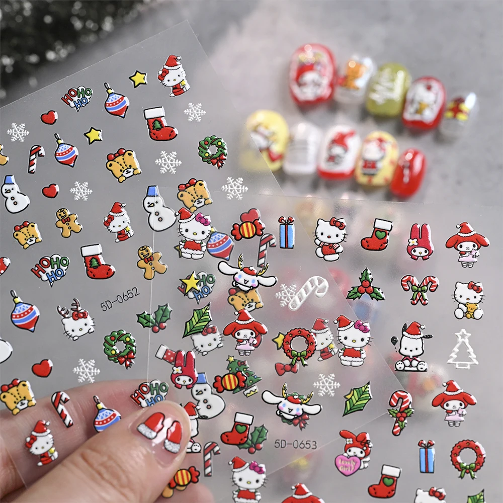 

1Pcs 5D Christmas Hello Kitty Melody Nail Art Stickers Kawaii Kitty Kuromi Snowman Slider Decals 8x10cm Y2K Xmas Manicure Slider