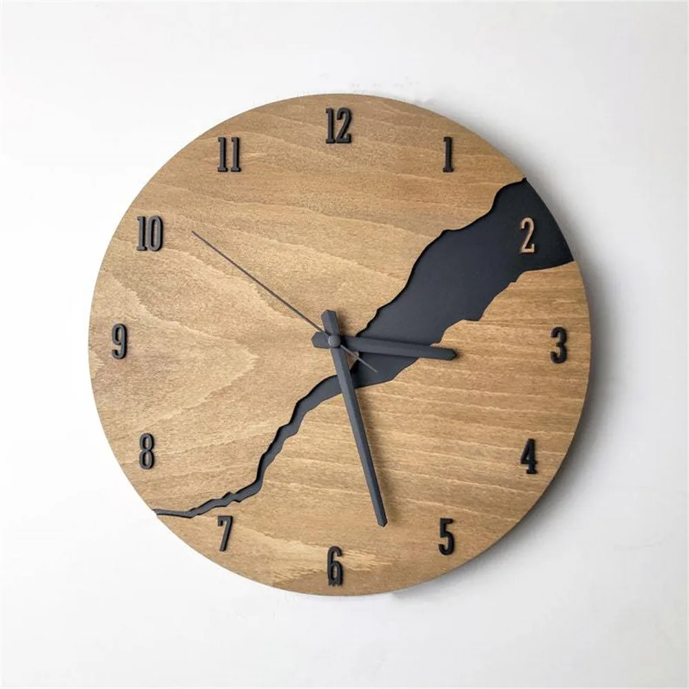 30cm Black Crack In Wood Wall Clock Dial Number Light Luxury Living Room Punch-free Creative Decoration Mute Simple Wooden Clock