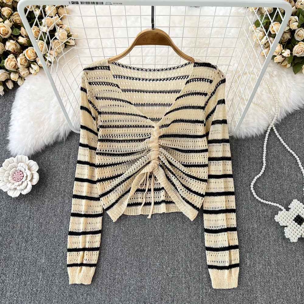 V-neck Hollowed-Out Striped Knit Sweater Women's New Spring 2023 Loose Drawstring Summer Sunscreen Shirt Short Top Trend