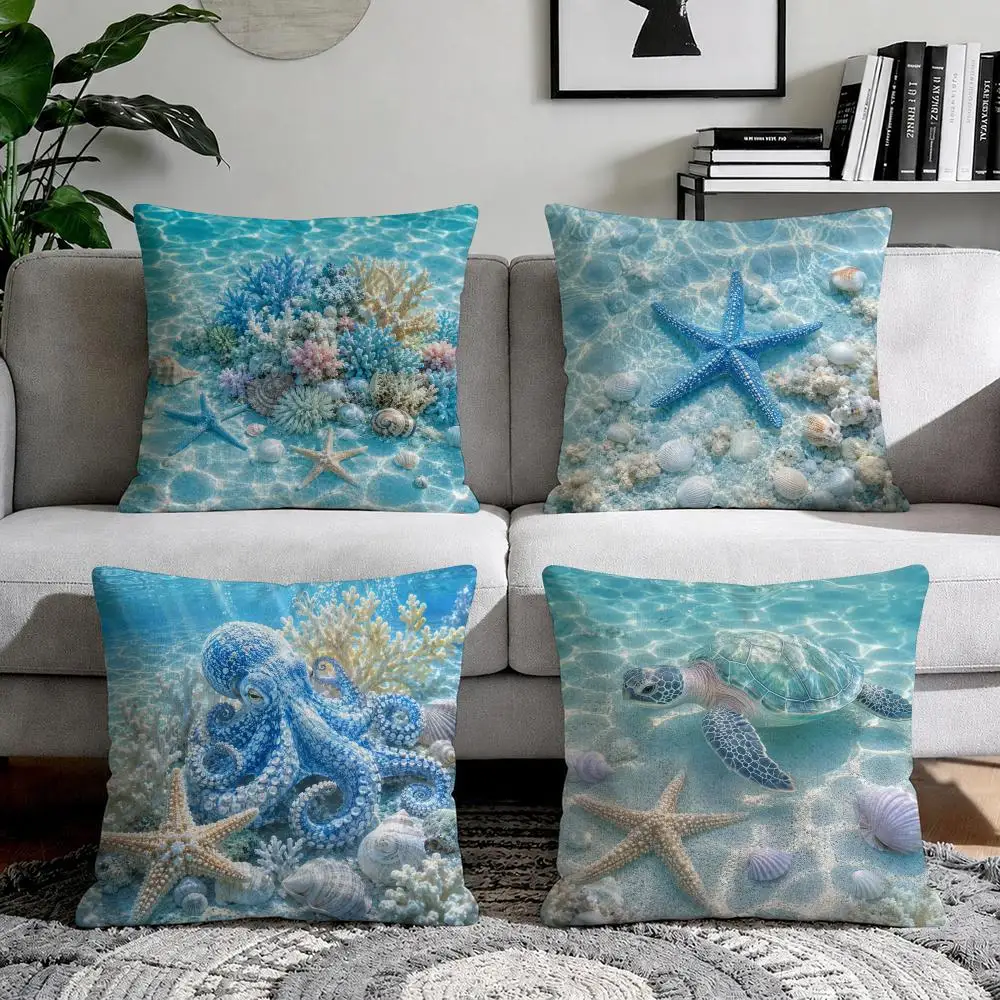 Realistic Marine Life Print Cushion Cover Natural Breathable Durable Linen Printed Decor Pillow Case Sofa Bedroom