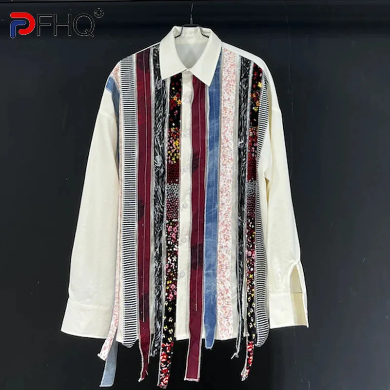 PFHQ Design New Autumn Men\'s Shirt Linen Gold Velvet Long Sleeves Turn-down Collar Contrast Color Long Sleeve Male Tops 21Z5855