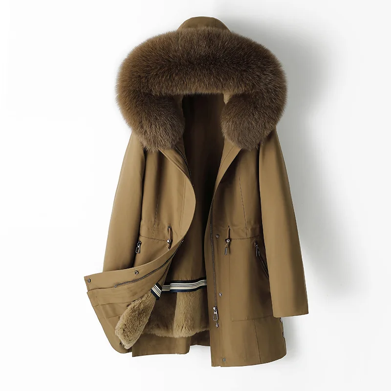 

2025 Winter New Women's Parka Coat Style Detachable Sea Horses Fur Lining Rabbit Fur Inner Casual Long Sleeve Hooded Coat