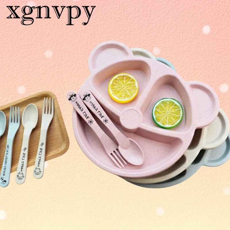 Xgnvpy Wheat Division Bear Children's Plate Set Creative Home Tableware Baby Division Plate Breakfast Plate Delivery Spork Spoon