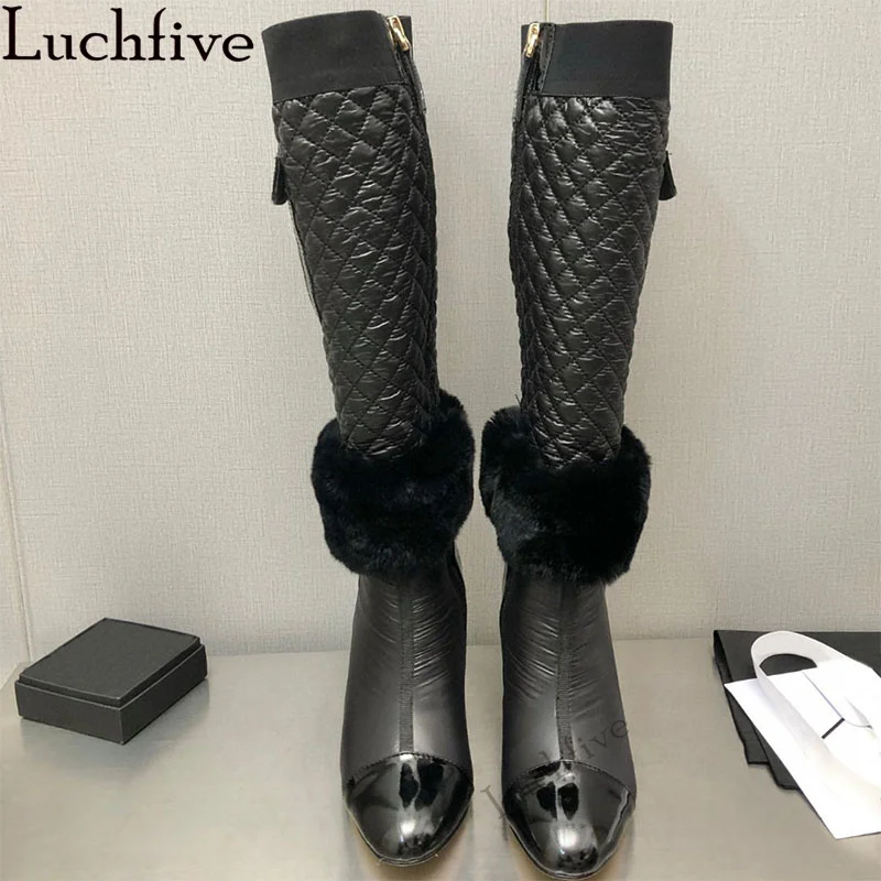 Winter Luxury Knee High Boots for Women Inlay Fur Slim Chunky High Heel Long Boots Winter Sexy Brand Fashion Week Boots Female