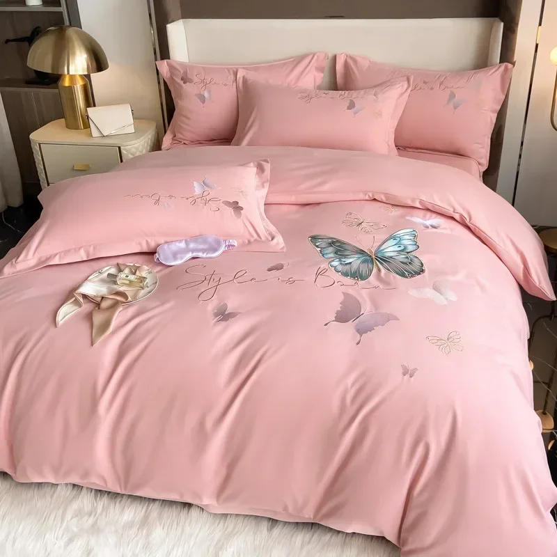 

2023 Ne Deoolen Cotton Brushed Ebroidered Four-Piece Set Thiened Cotton Single Double Bed Sheet Quilt Cover hine ash Do