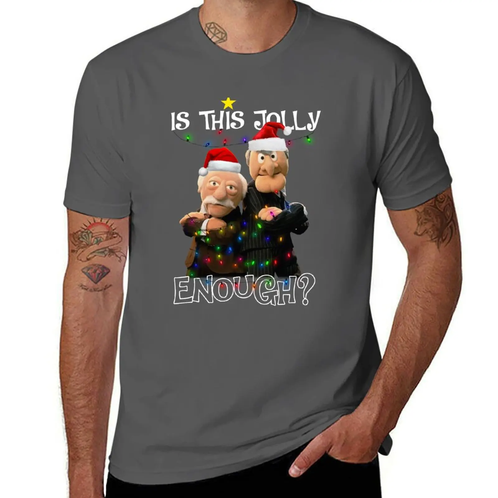 

Funny Statler And Waldorf Grúmpy Is This Jolly Enough Lights Christmas Casual Mens Cotton Printed For Women Adults Gift T-Shirt