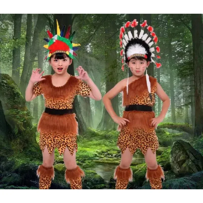 Adult Children Leopard Print Indians Cosplay Costume Savage Performance Costumes Halloween Carnival Party Dress Lovers clothin D