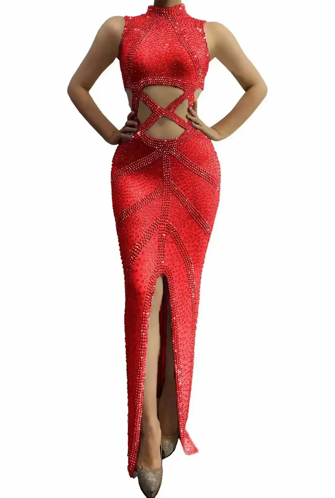 

Women Stretch Full Rhinestone Long Dress Birthday Queen One Piece Red Black Outfit 2025