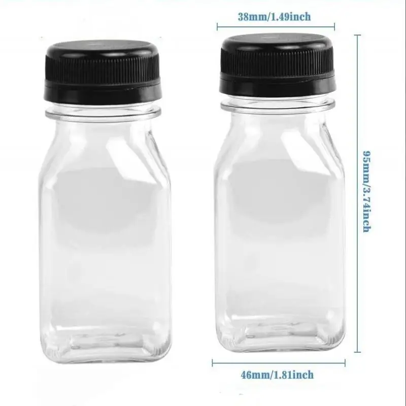 12Pc 60ml Empty Drink Bottles with Black Lids Plastic Tamper Proof Drink Containers Reusable Juice Milk Split Beverage Bottles