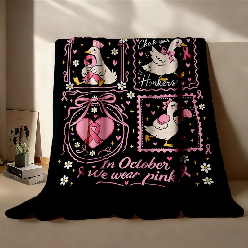 In October We Wear Pink Flannel Blanket, Cute Goose Breast Cancer Support Flannel Throw, Breast Cancer Fighter Gift, Hop