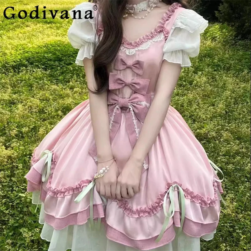 

New Spring and Autumn Lolita Sweet Bow Ruffles Short Sleeve Pink Cake Dress Cute Girls High Waist A-line U-Neck Princess Dress