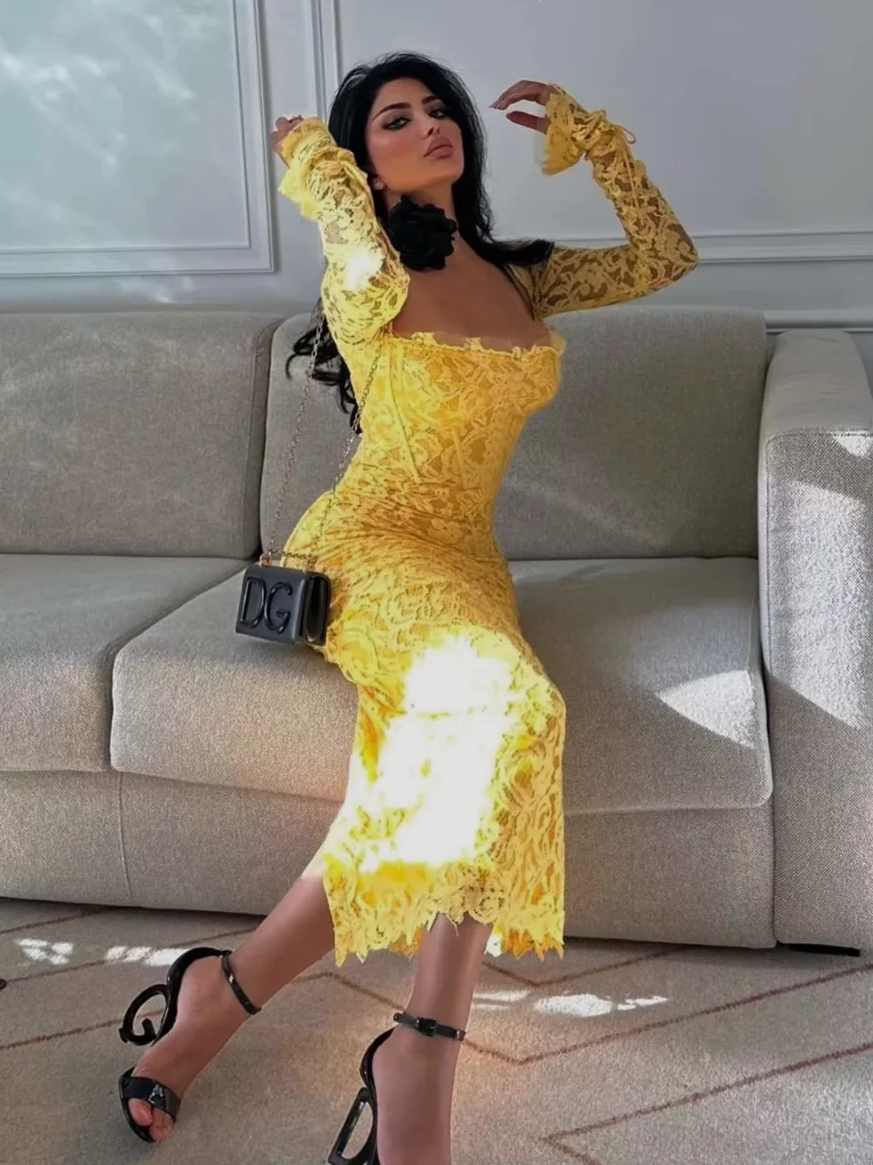 Oisslec Yellow Lace Prom Dresses Sexy Square Neck Cocktail Party Women Wear Long Sleeves Birthday Formal Occasion Gowns