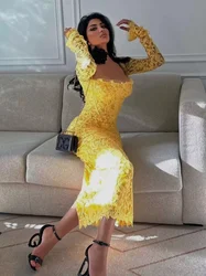 Oisslec Yellow Lace Prom Dresses Sexy Square Neck Cocktail Party Women Wear Long Sleeves Birthday Formal Occasion Gowns