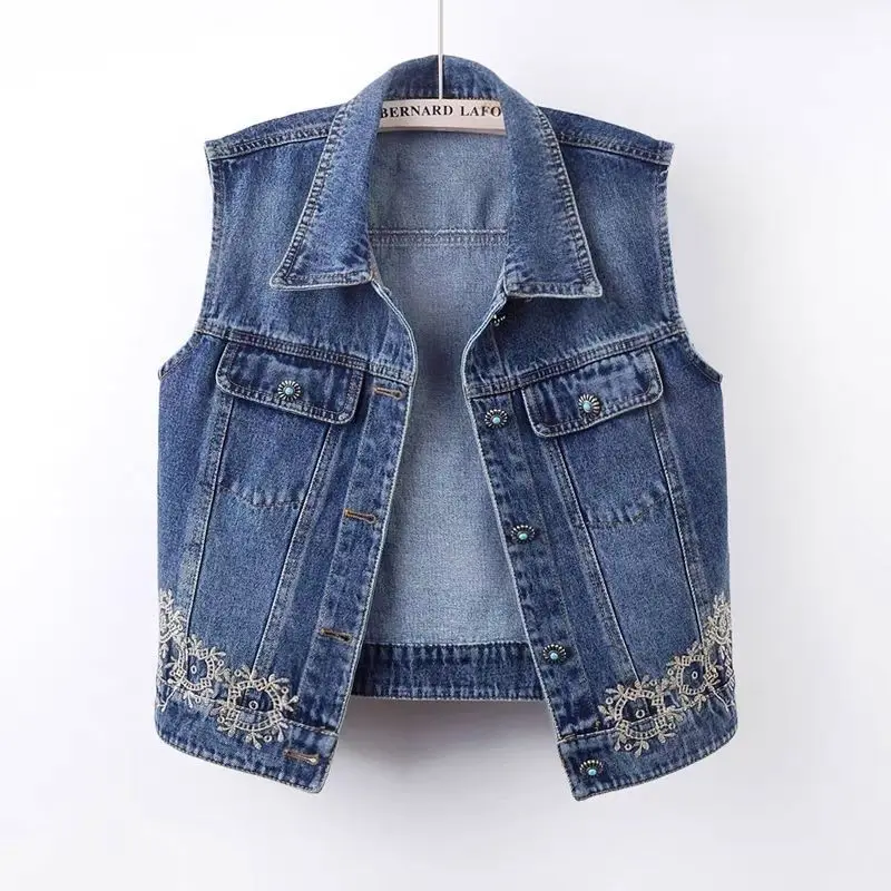 

New Spring Autumn Embroidery Denim Vest Jacket Women Sleeveless Waistcoat Jeans Coat Female Casual Cowboy Coat Vest Ladies Tops