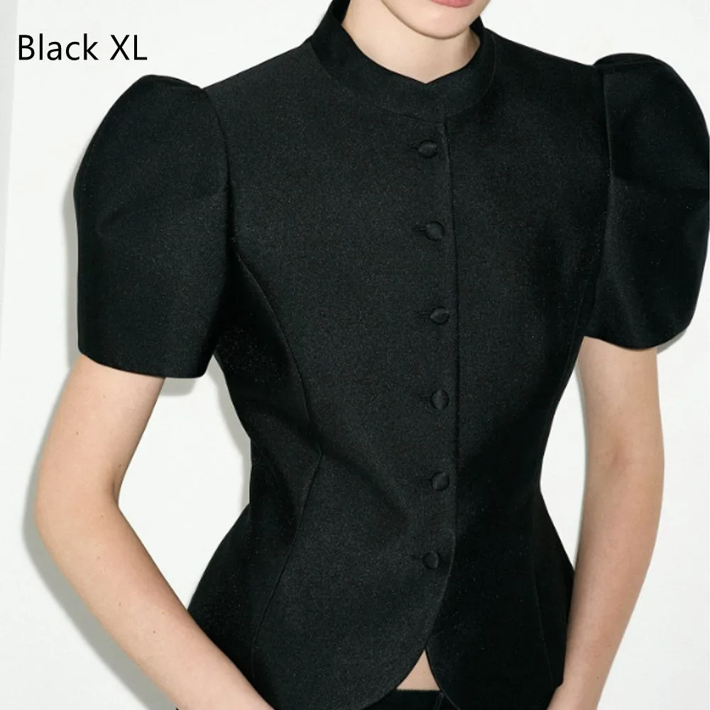 

Solid Color Short Sleeve Blouse Round Collar Puff Sleeve Retro Spring Coat Round Neck Slim Fit Elegant Women Blouse