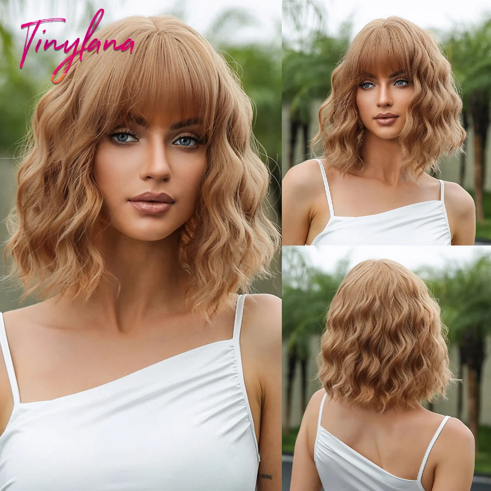 Ginger Brown Blonde Short Curly Synthetic Wig with Bangs for Women Afro Natural Bob Wave Lolita Cosplay Wigs Heat Resistant Hair