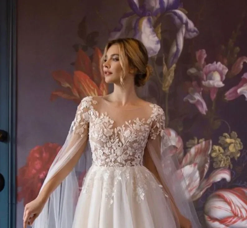 Elegant sexy shawl sleeve A-line wedding dress Beach tulle Fairy Floral Lace applique Long illusion Bohemian bridal dress