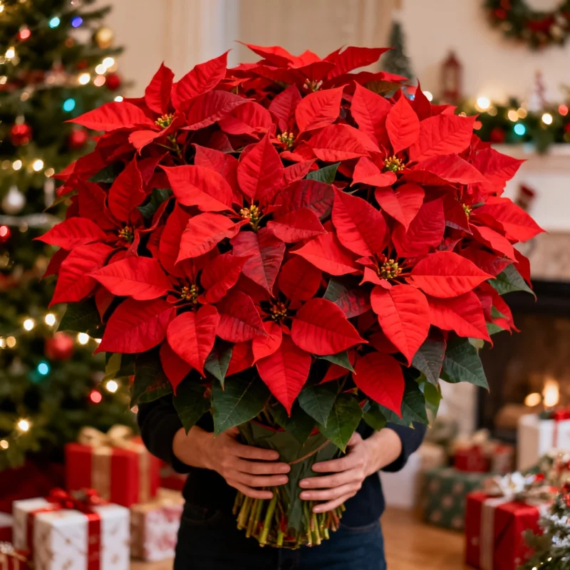 قطعتان من باقة عيد الميلاد الاصطناعية مع البونسيتة الحمراء والأوراق الخضراء ديكور داخلي وخارجي واقعي لحفلات الزفاف وعيد الميلاد #4