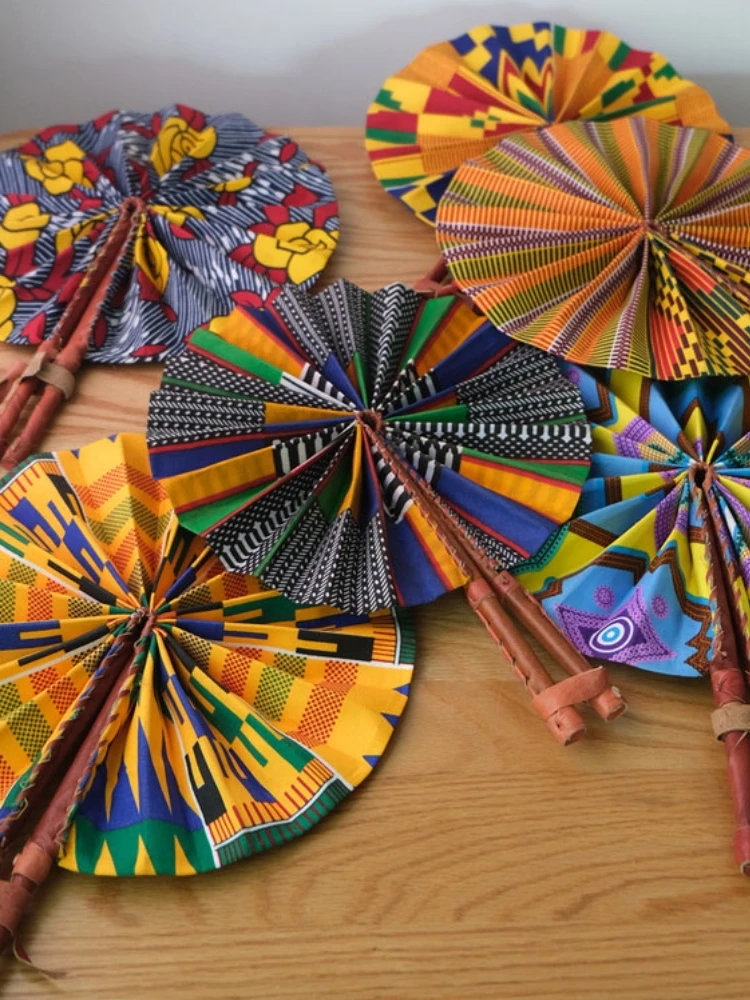 Rain Flower Stone African Handmade Leather Foldable Portable Group Fan Wall Decoration Artisanal Craft Fan for Home Use