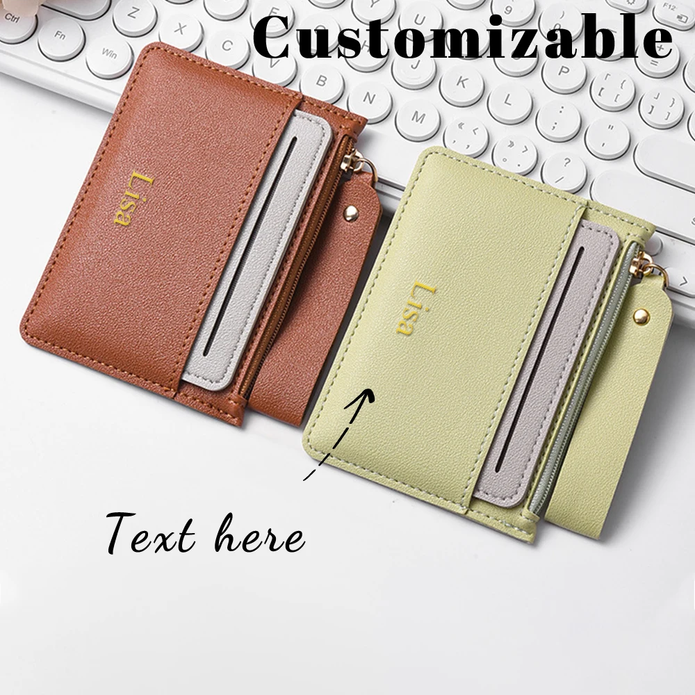 Customized name PU card case with zipper, multi-card slot, fashionable and compact card holder, anti-magnetic property