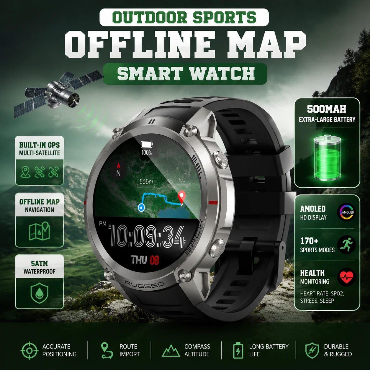 Montre de sport GPS robuste GUHUAVMI pour hommes, nouvelle smartwatch d'extérieur 2026 avec écran AMOLED HD de 1,43 pouce, navigation cartographique hors ligne, positionnement multi-satellites, étanche 5ATM, boussole, baromètre, altimètre, fréquence cardiaque, SpO2, stress, plus de 170 sports, batterie 500 mAh