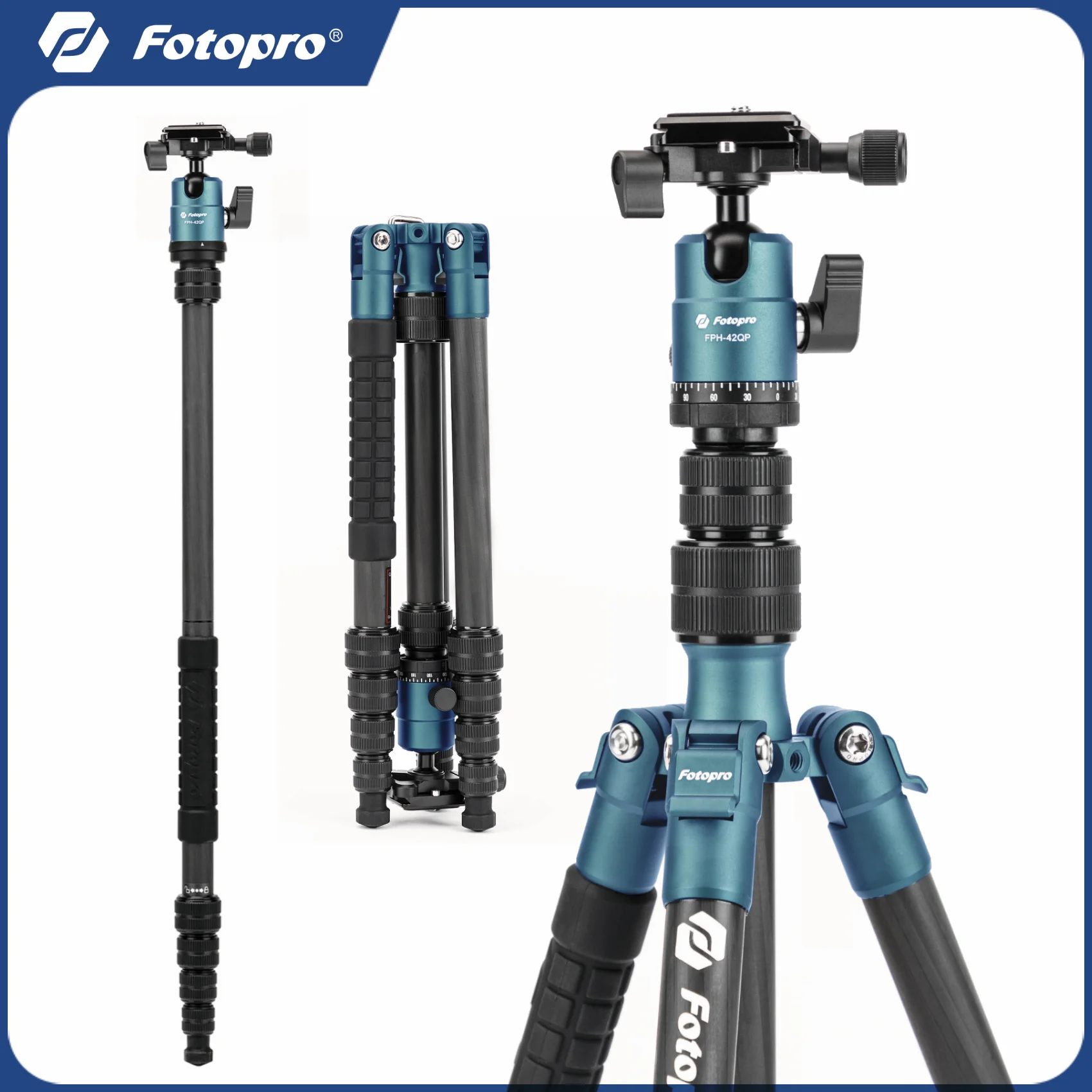 Fotopro 150CM Carbon Fiber Travel Tripod Compact Camera Tripod Detachable Monopod for DSLR Smartphone Maxload 8KG X-GO E2