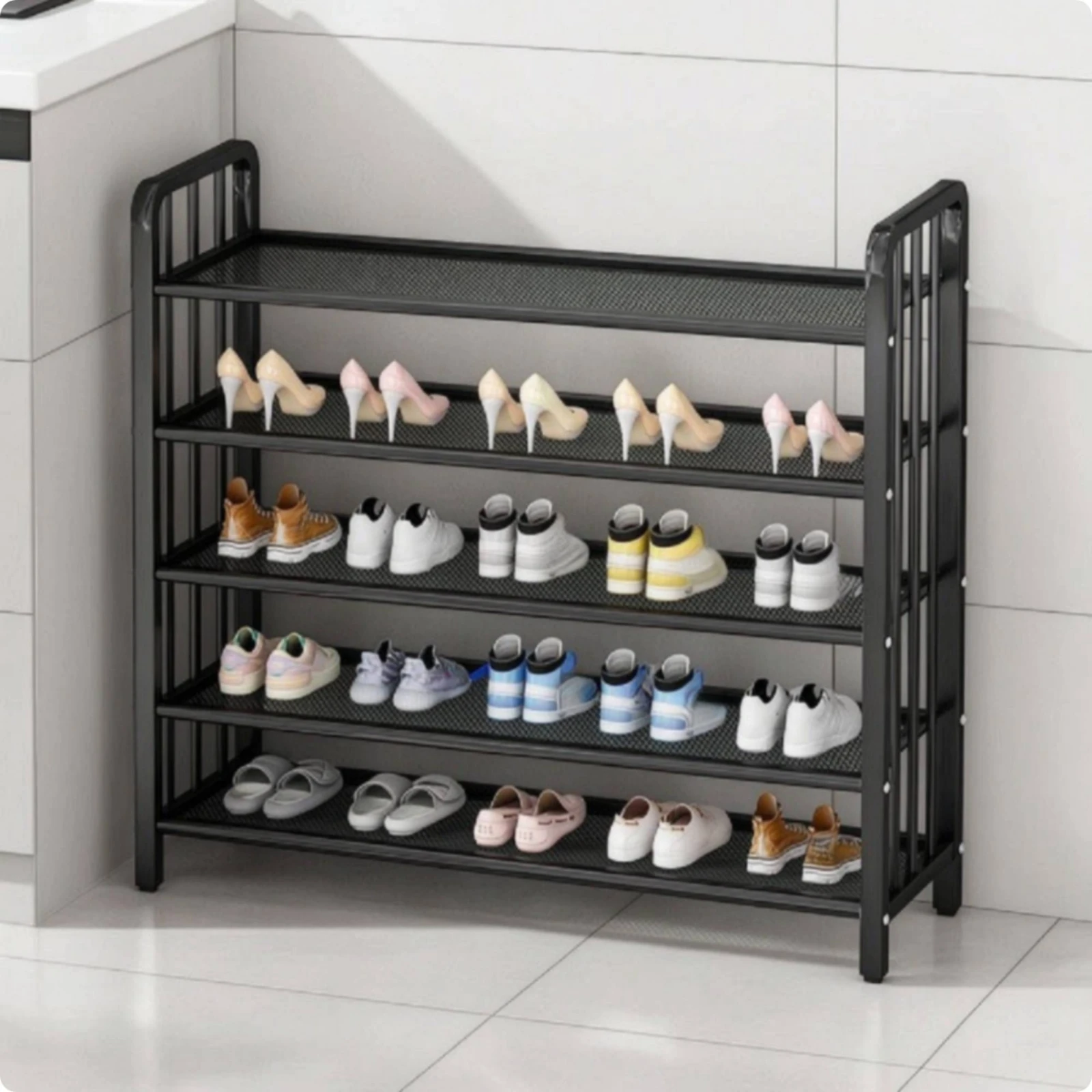 5-Tier Shoe Rack Stylish Shoe Rack with Mesh Shelves Furniture Solid Easy Assembly for Renters, Entryway, Apartment