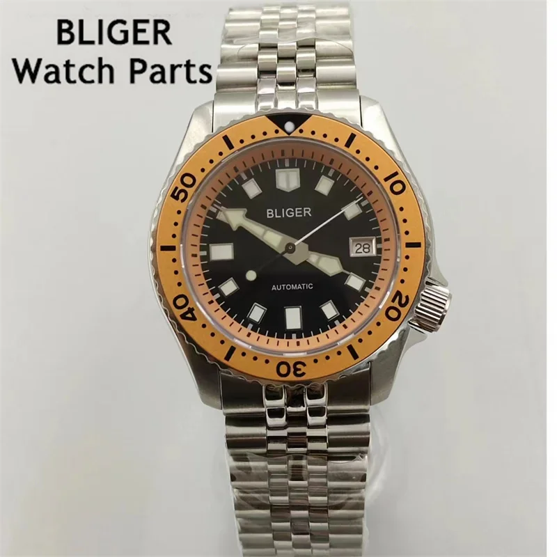 BLIGER 42mm Watch Men NH35 Automatic Mechanical Wristwatch  Black Blue Dial Green Luminous Stainless Steel Strap