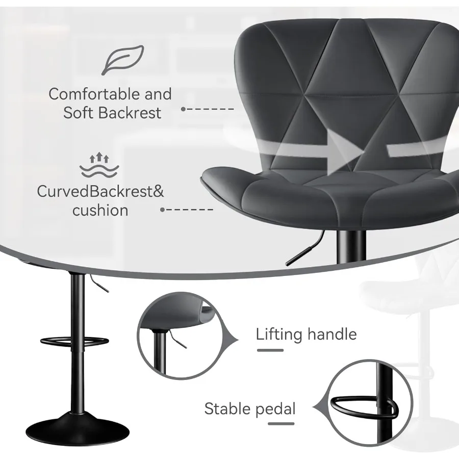 バースツール 4脚セット 調節可能な回転式バースツール カウンターハイトバースツール 背もたれ付き フェイクレザー キッチンアイランドバーチェア ダークG
