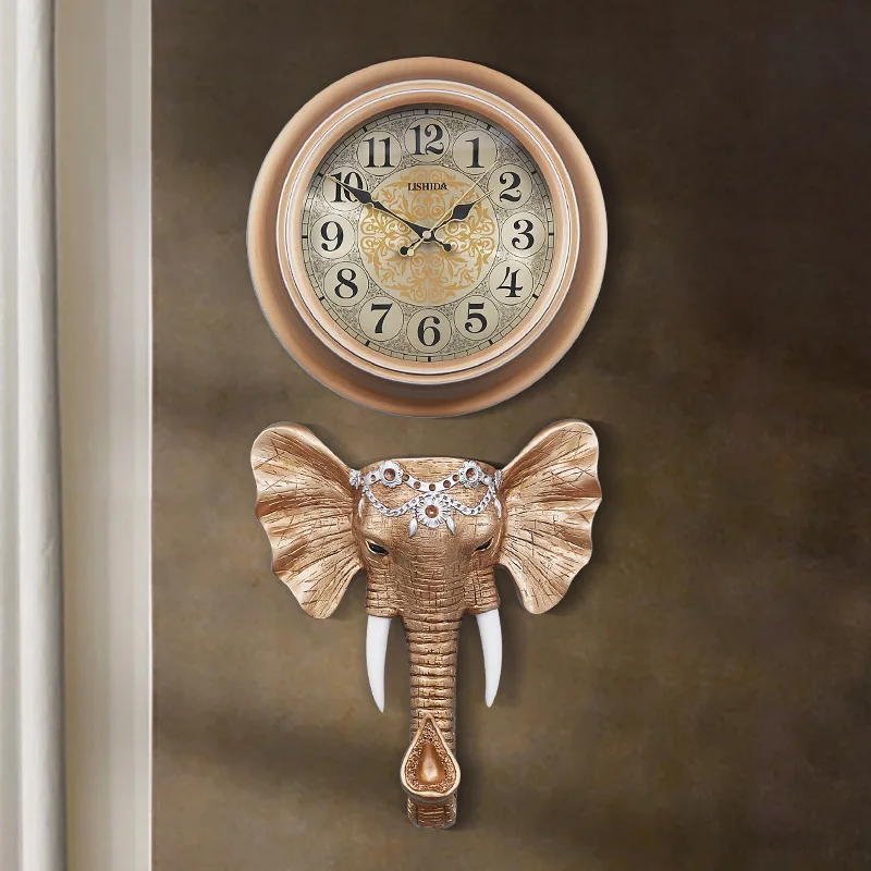 Vintage creative living room silent wall clock elephant retro European wall watch bedroom quartz clock decorative clock