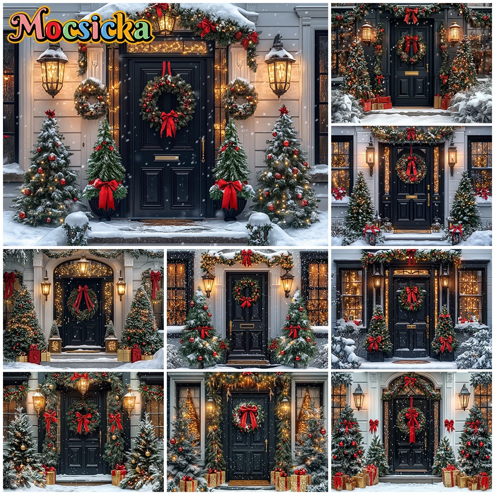 

Mocsicka New Year Party Backgrounds Christmas Tree Winter Snowflake Black Door Decorations Family Festival Photography Backdrops