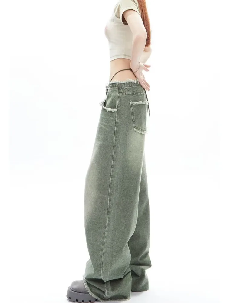 Vintage Vintage Green Wide Leg Jeans For Women's High Street High Waisted Drape Straight Leg Wide Leg Mop Pants For Women'sJeans