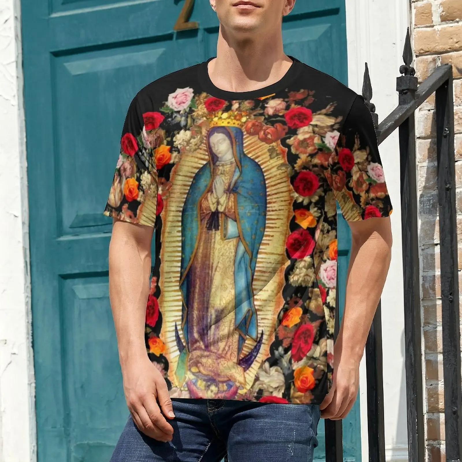 Men Mexican Virgin Mary T-Shirt Floral Print Hippie T Shirts Short-Sleeved Printed Tshirt Summer Classic Oversized Clothing