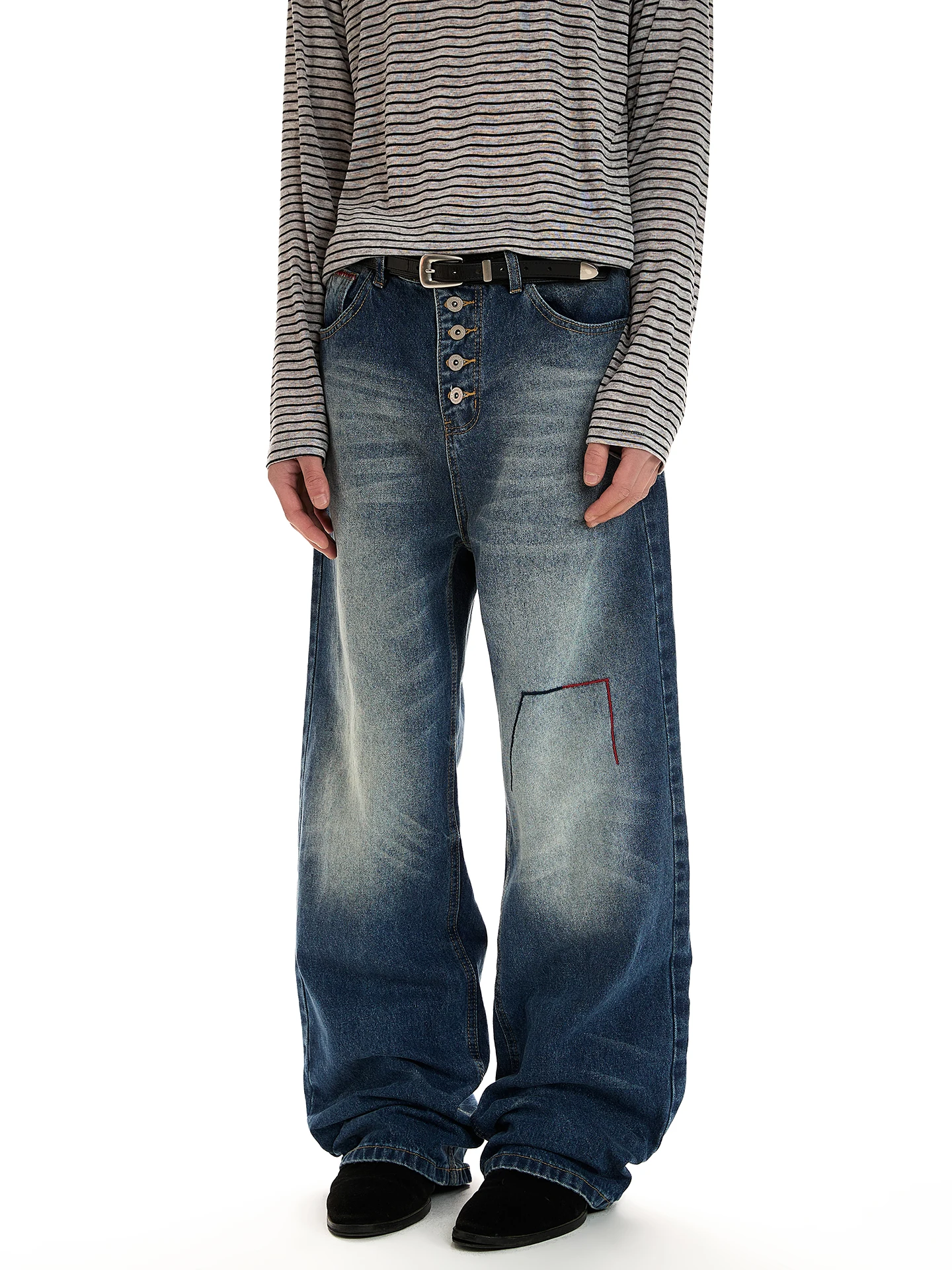 

a PUEE Vintage Distressed Button Design Denim Jeans Trendy Street Style Loose Straight Leg Pants for Men And Women