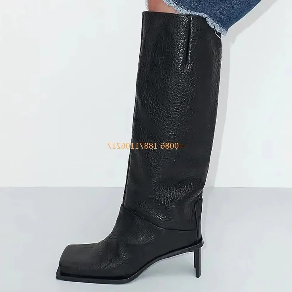 

Черные пикантные женские сапоги с квадратным носком, осенние новые подиумные элегантные кожаные сапоги до колена, модные вечерние повседневные рыцарские сапоги на высоком каблуке