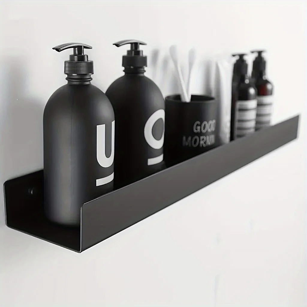 Classic Metal Floating Shelf, Black Lacquered Wall-Mounted Shelf for Bathroom Accessories & Toiletries, Minimalist Storage Rack