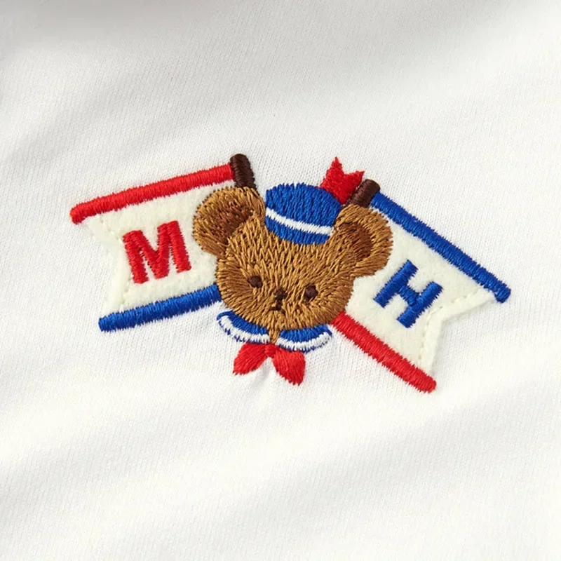 Cute Children\'s Clothing 2023 New Unisex Cartoon Bear Letter Embroidery Navy Collar Short Sleeve Shirt Underneath