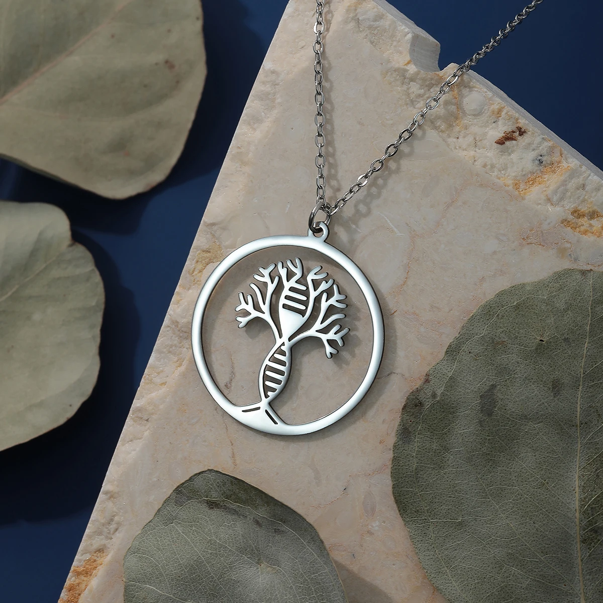 Kinitial Stainless Steel Round DNA Tree Of Life Pendant Necklace Women Dainty Jewelry Family Tree Charm Necklace Gift For Mom