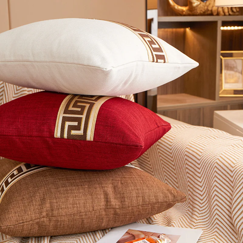 2pcs 45x45cm Chinese Patchwork Luxury Cushion Covers Linen Red Cream Grey Blue Jacquard Splice Greek Key Christmas Pillow Case