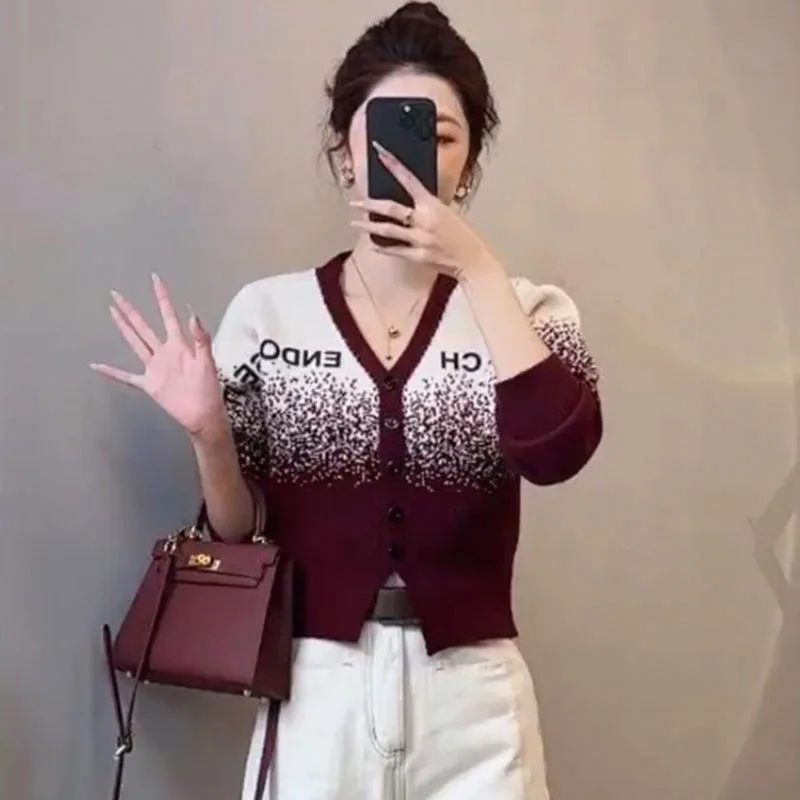 

Autumn Winter Fashion Vintage Gradient Color Sweaters Women Young Style Knitted Cardigan Letter Jacquard Loose Casual Tops