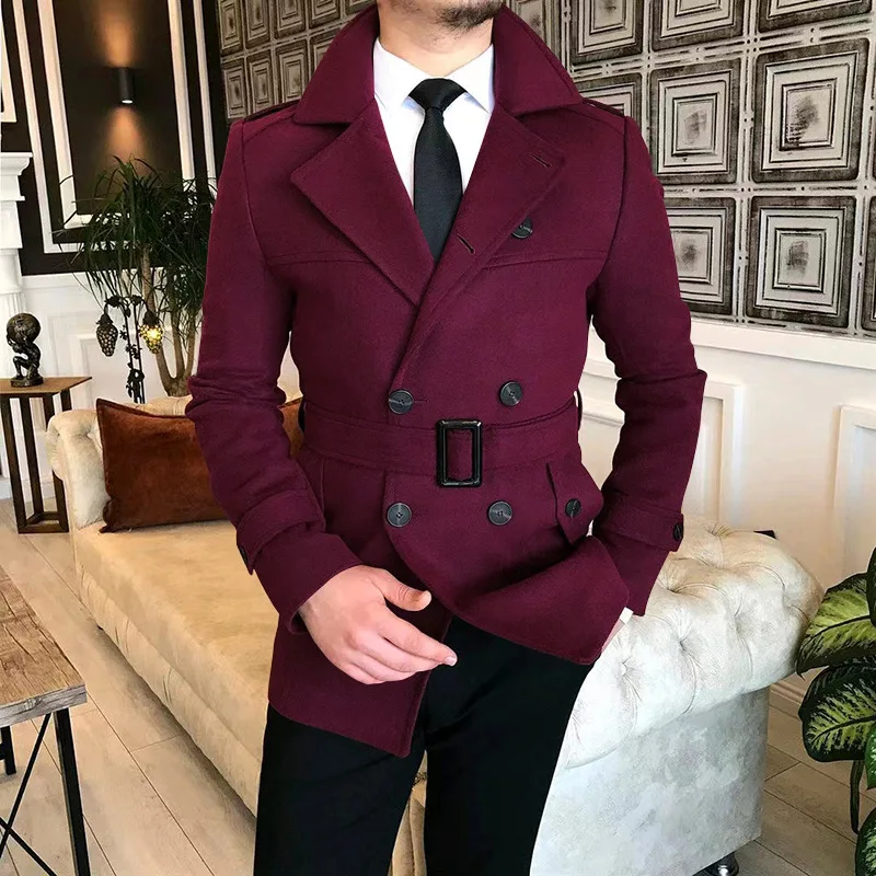 Tweed Man Jacket With Belt Autumn Winter Smart Casual Suit Turn-down Collar Male Slim Fit Double Breasted Blazers 1 Piece