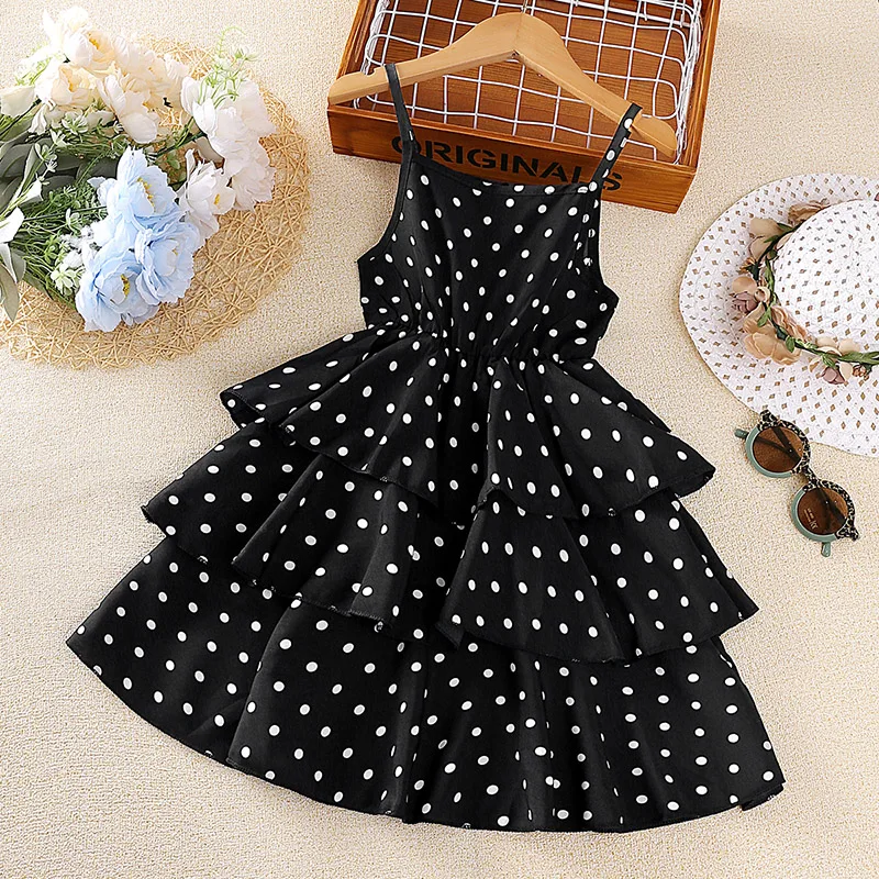 Dress Kids Girls 4-12 Years Black Polka Dot Dress For Girls Stylish Girls Vacation Holiday Clothes Kids Clothes Dress