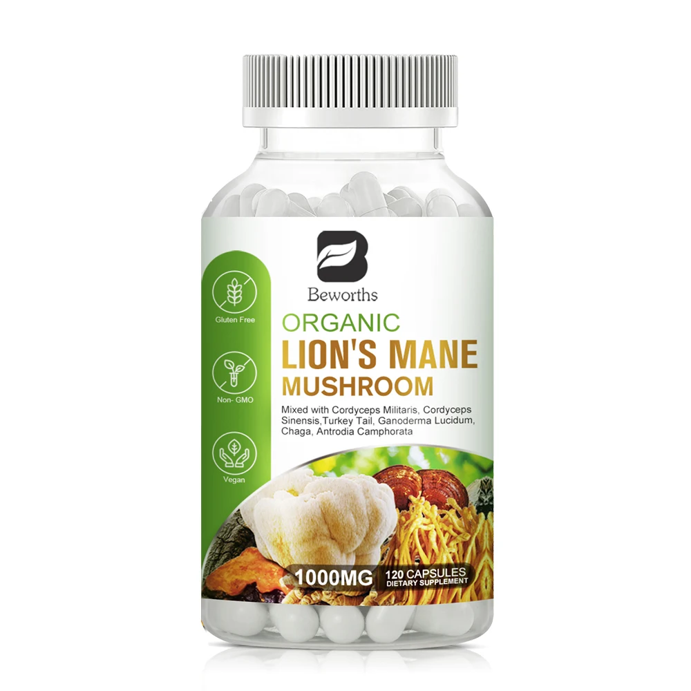 

BEWORTHS 120 шт. грибные капсулы Lion's Mane укрепляют память и познание мозга, поддержка иммунитета здоровья
