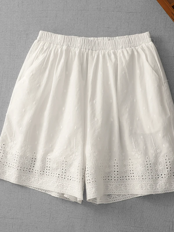 

Ele Embroidered Wide Leg ort Pants Hollow out Elastic Waist Casual High Waist Loose Fit Versatile Summer orts