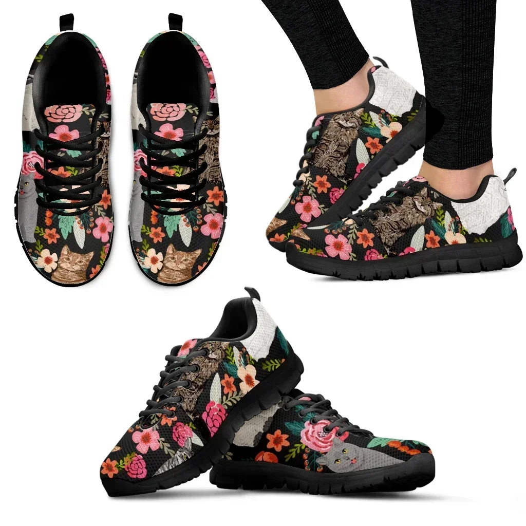 

Sneakers For Women Cat Print Comfortable Outdoor Casual Shoes Cartoon Cat Flowers Designer Breathable Women's Shoes