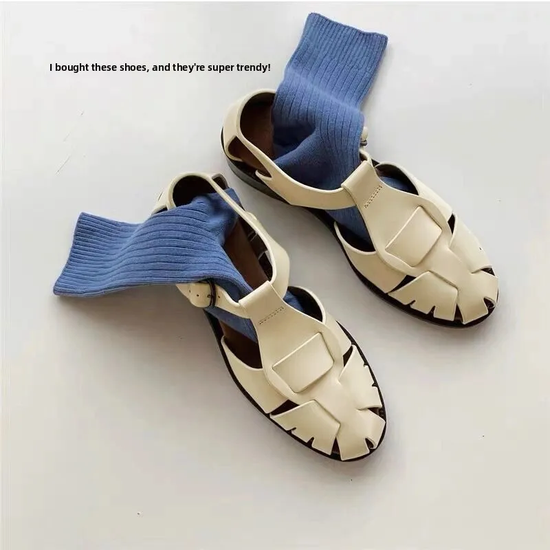 

Women's Sandals 2024 New round Head Cowhide Hollow out Bule Woven High Thi Heel Classic Ba Emp Roman oes