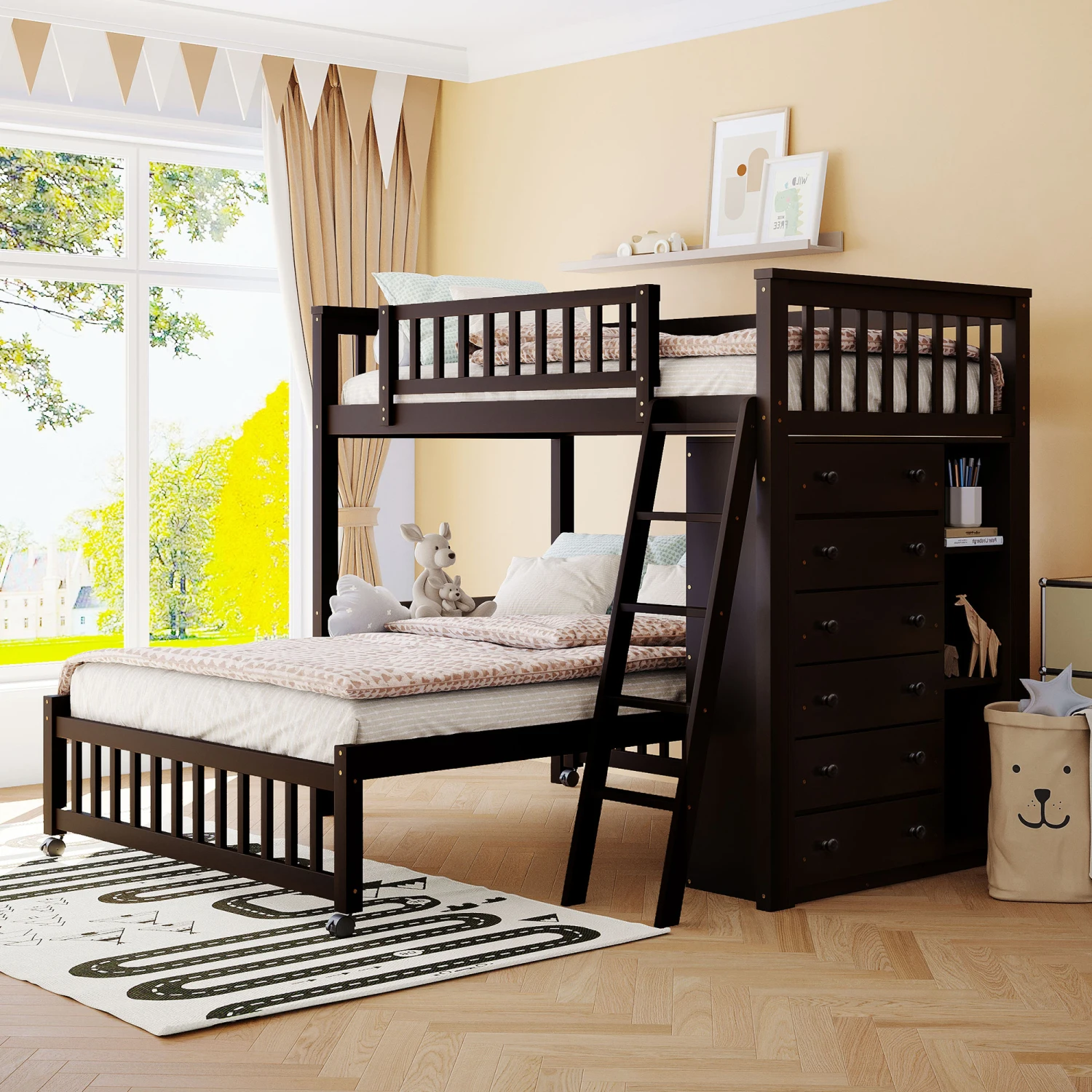 Wooden Twin Over Full Bunk Bed With Six Drawers And Flexible Shelves,Bottom Bed With Wheels,Espresso(OLD SKU LP000531AAP)