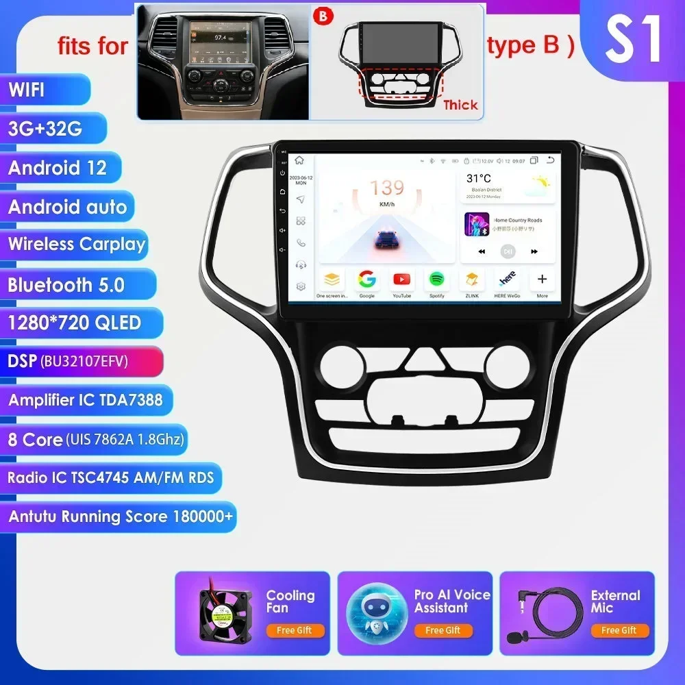 Android Carplay Auto Radio voor Jeep Grand Cherokee 2014 - 2022 Navigatie GPS Multimedia Speler Stereo WIFI+4G Intelligent